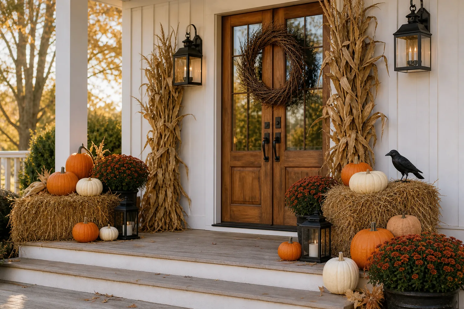 23 Halloween Porch Ideas for 2026 That Look Spooky, Stylish and Expensive 12 Farmhouse Halloween porch layered with hay bales, cornstalks, pumpkins and black lanterns
