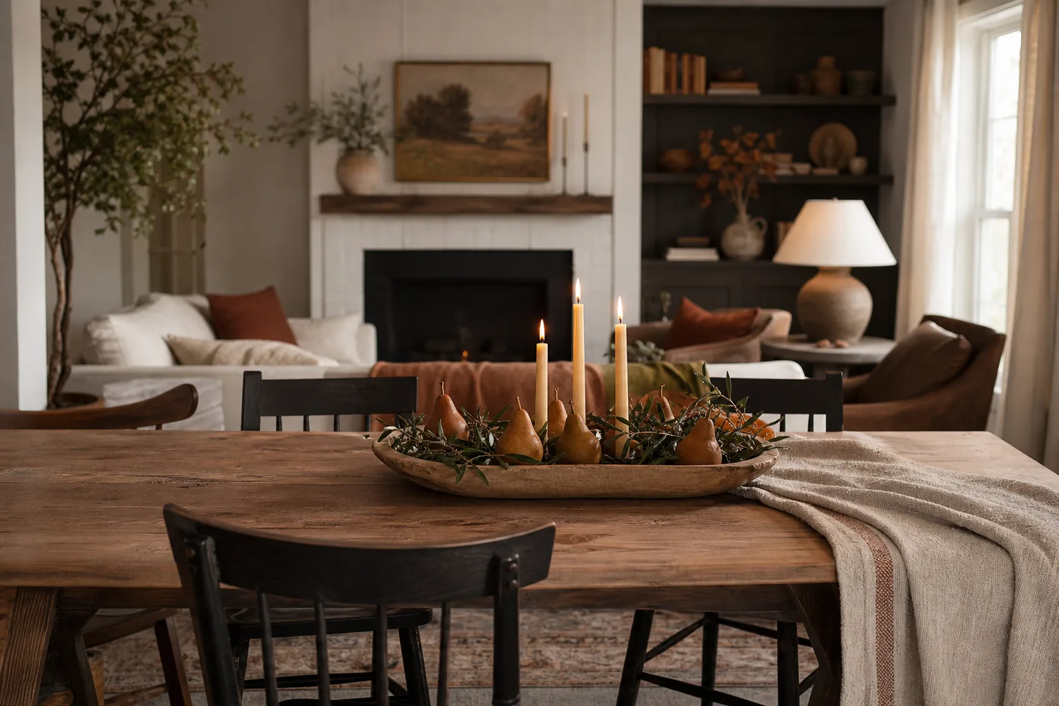Low fall dining centerpiece with pears, greenery and taper candles