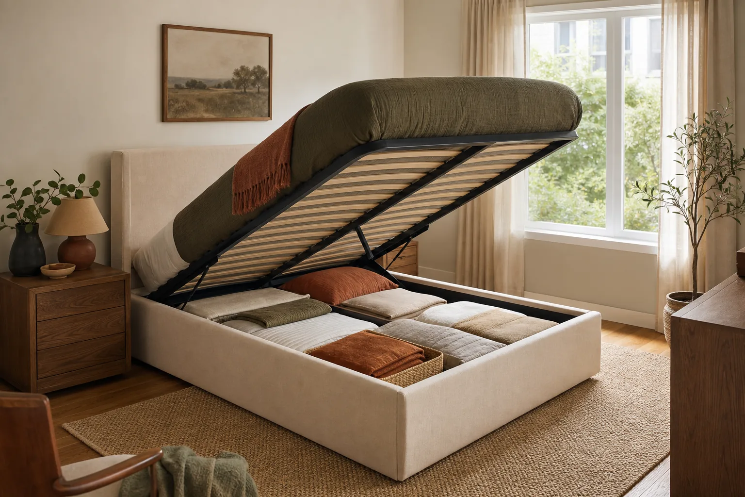 Warm neutral small bedroom with an upholstered lift-up storage bed