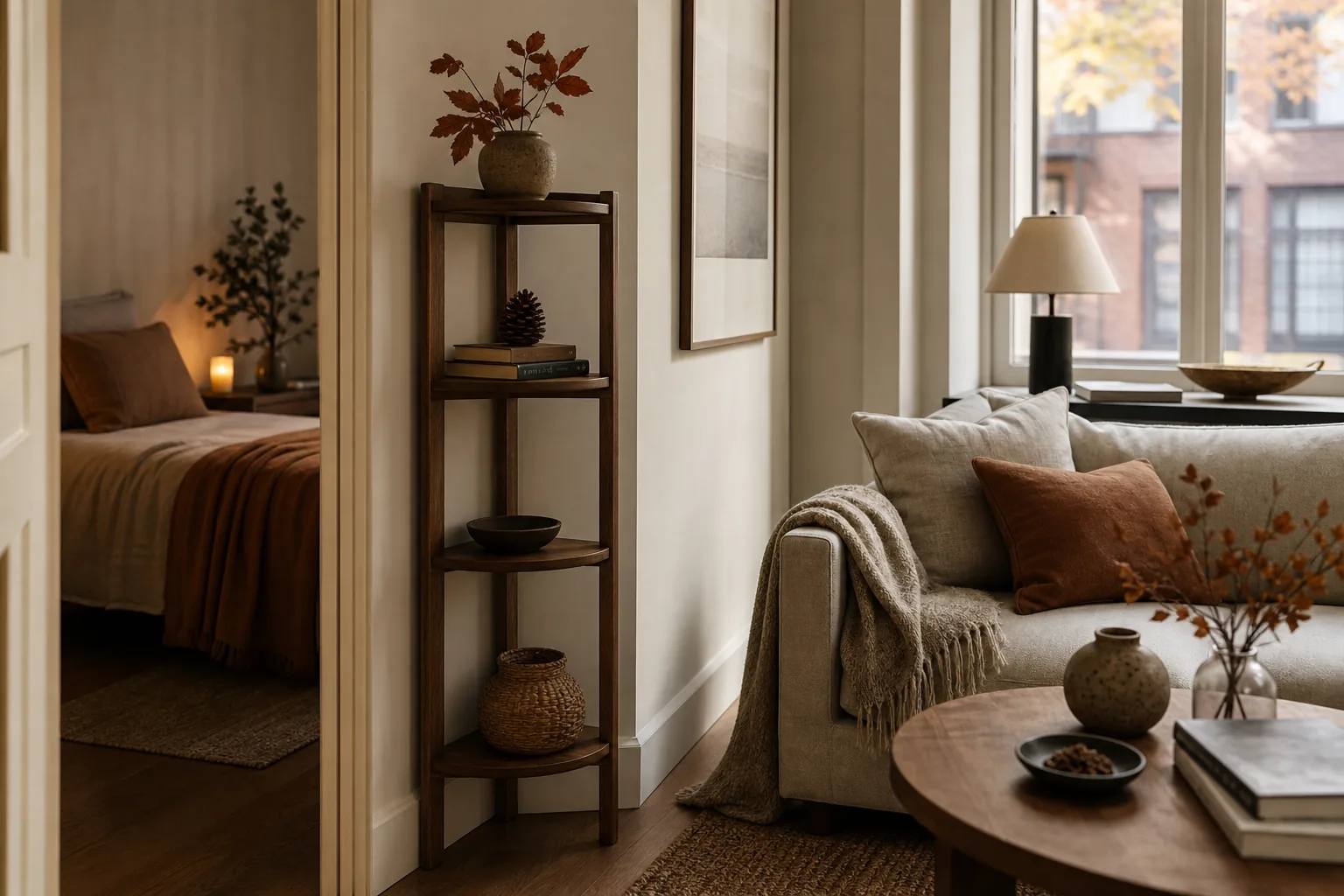 Airy narrow bookshelf with one shelf styled using pottery, books and a pinecone