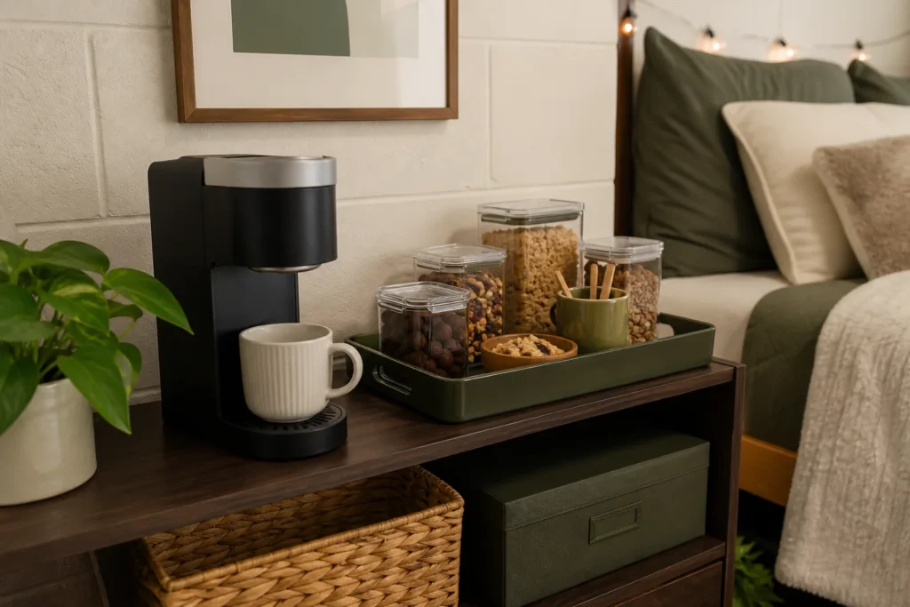 Compact dorm snack station with labeled baskets, mugs, and permitted small appliance