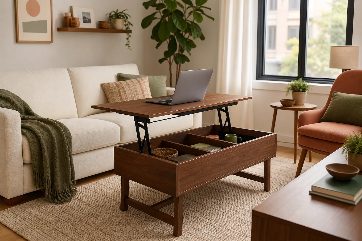 Lift-top coffee table raised into a laptop work surface in a small living room