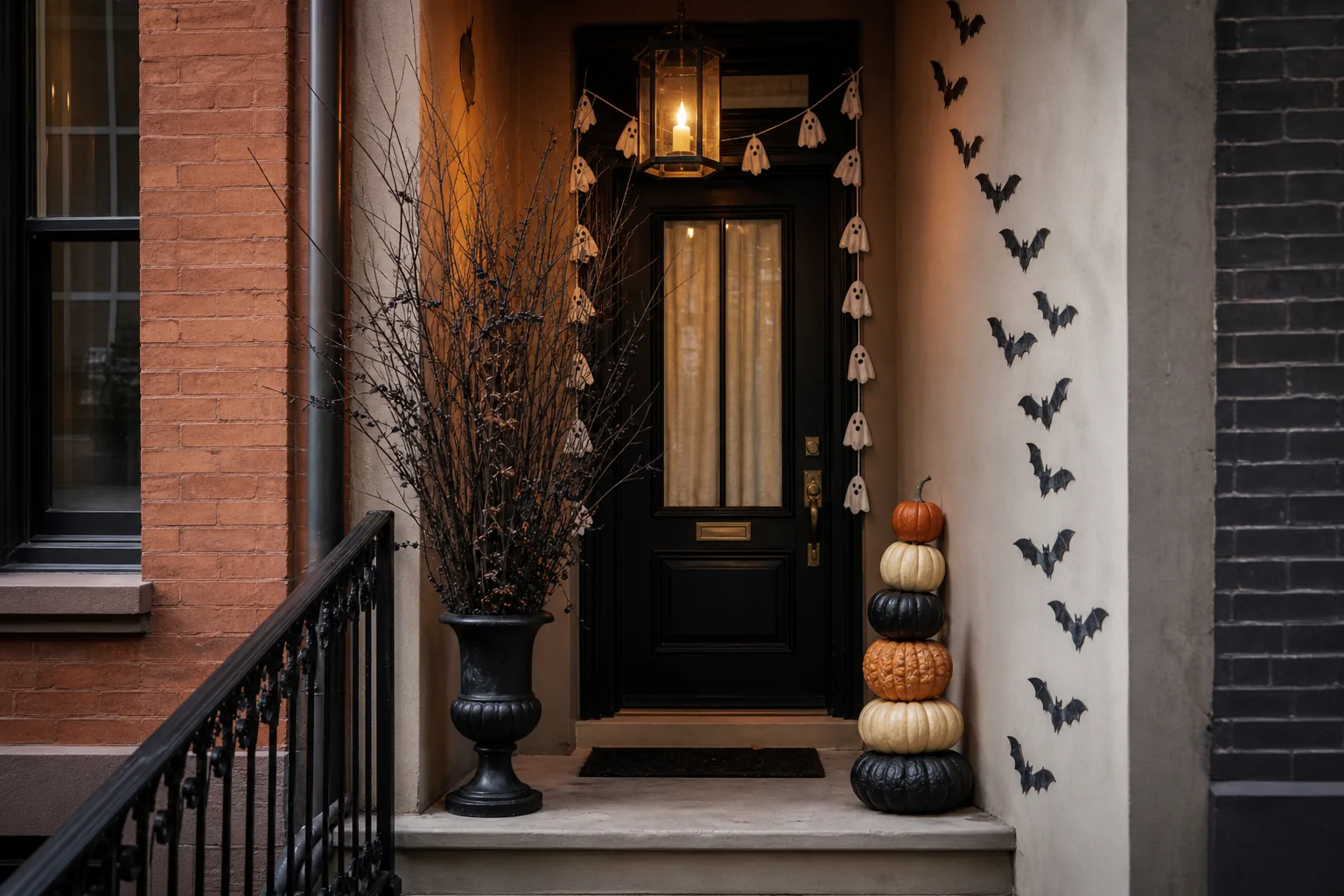 23 Halloween Porch Ideas for 2026 That Look Spooky, Stylish and Expensive 13 Small Halloween stoop using tall branches, a bat trail and stacked pumpkins for vertical decor