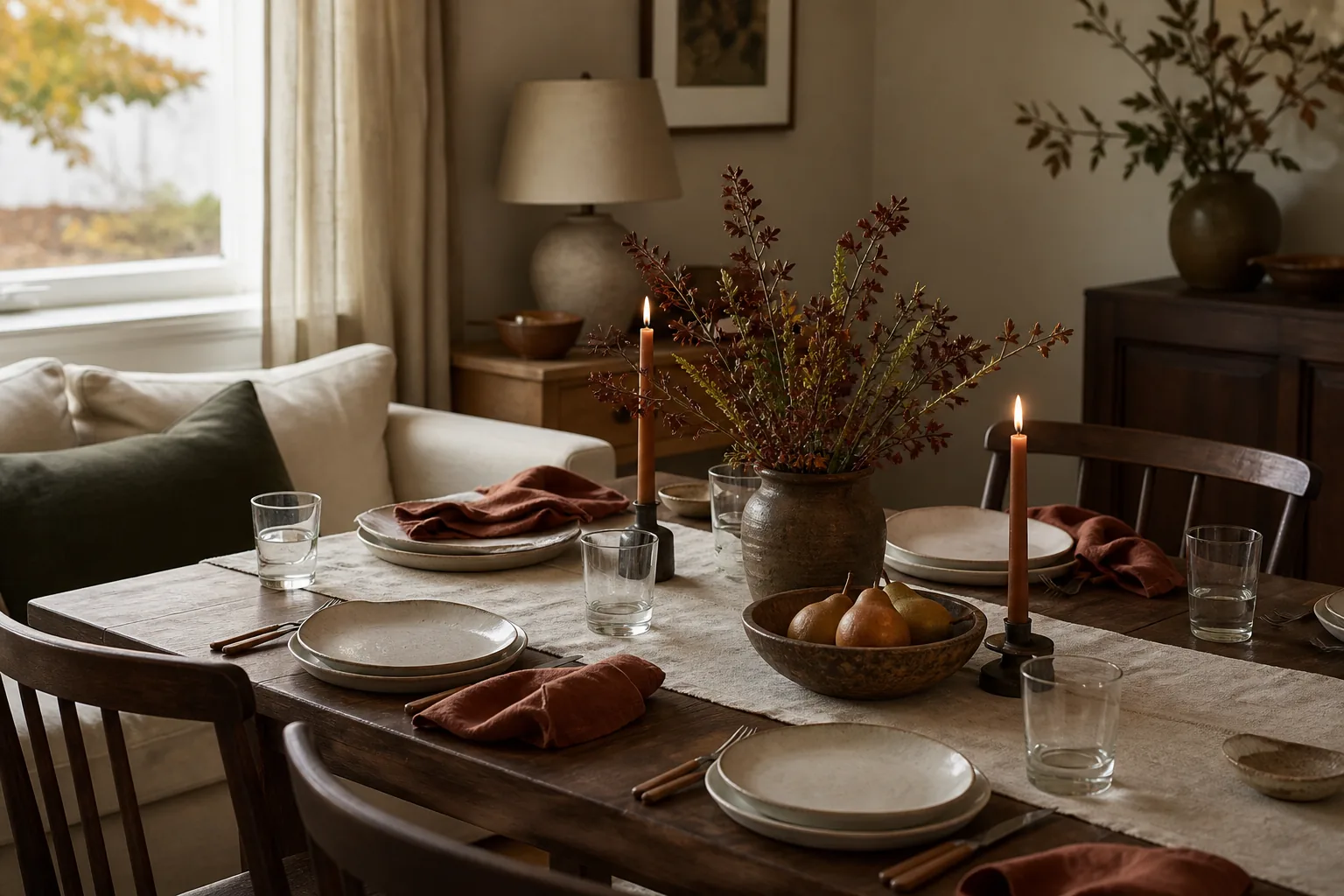 Dining table styled with oatmeal linen, rust napkins and simple stoneware