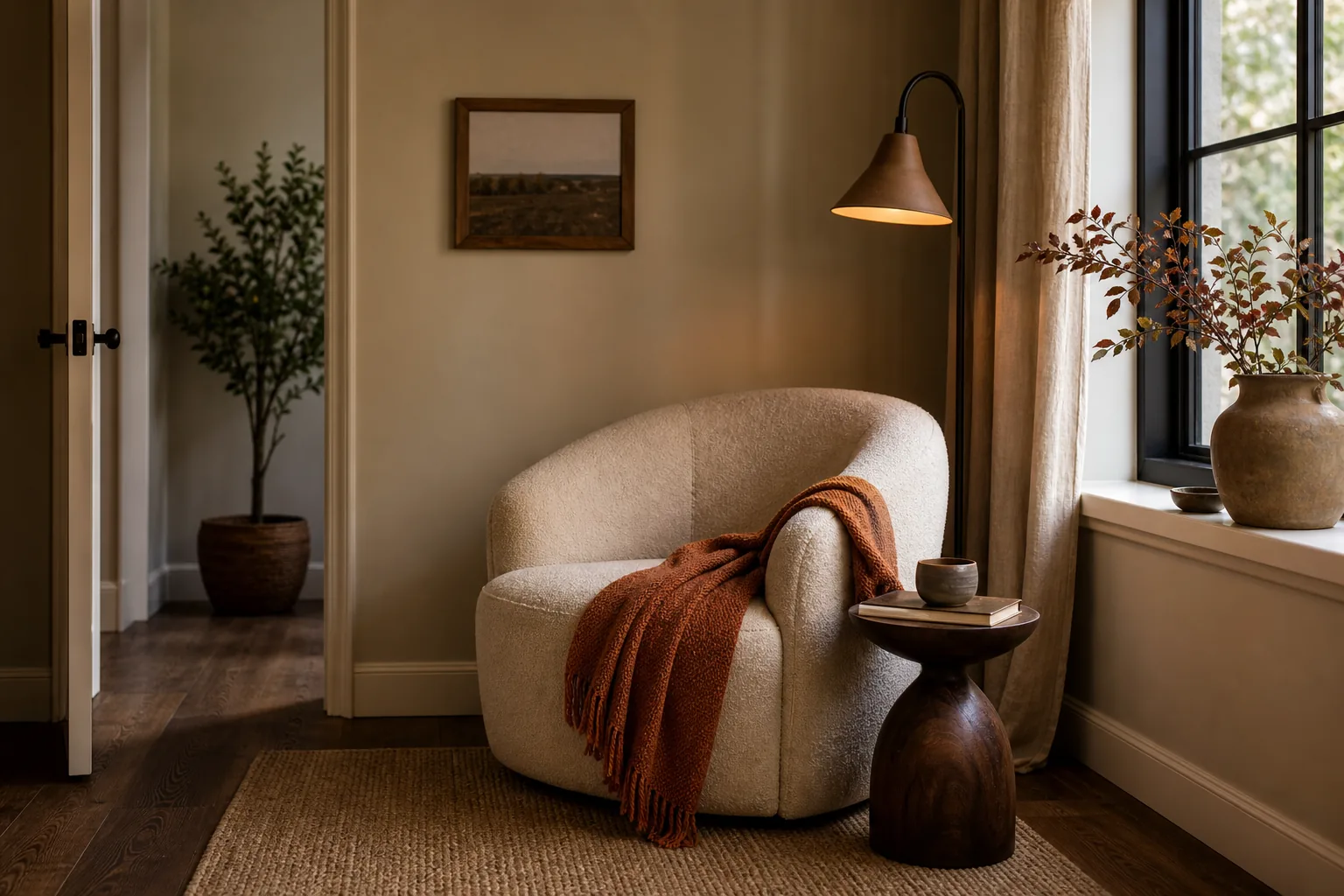 Compact fall reading corner with a curved chair, tiny side table, lamp and rust throw