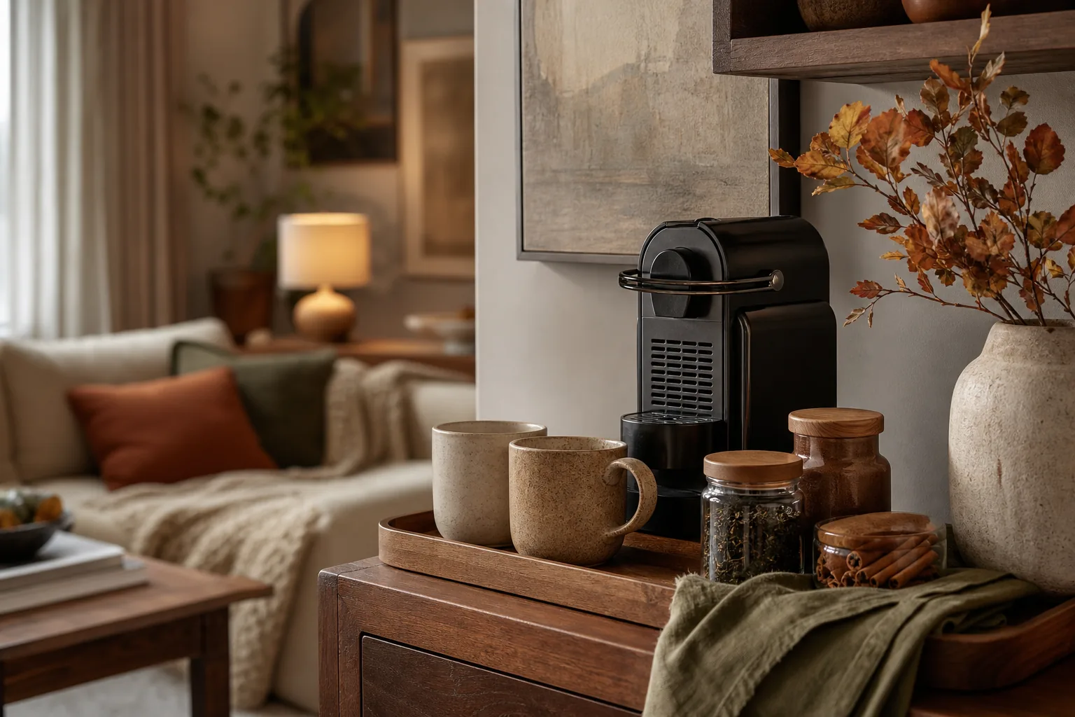 Compact coffee and tea station with ceramic mugs, cinnamon and a wood tray