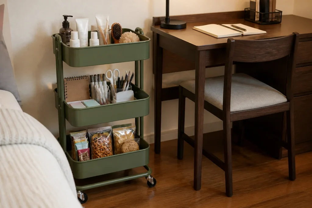 Narrow three-tier rolling cart used for dorm toiletries, study supplies, and snacks