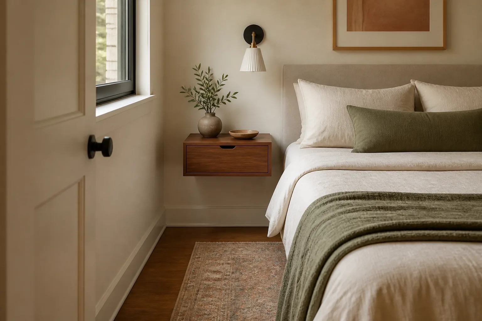 Minimal floating nightstand beside a bed in a compact bedroom