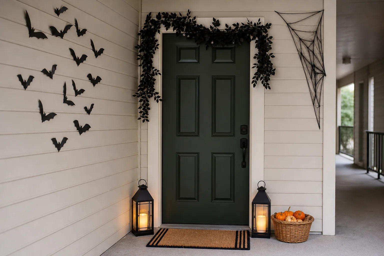23 Halloween Porch Ideas for 2026 That Look Spooky, Stylish and Expensive 14 Renter-friendly apartment Halloween door with removable bats, garland, lanterns and mini pumpkins