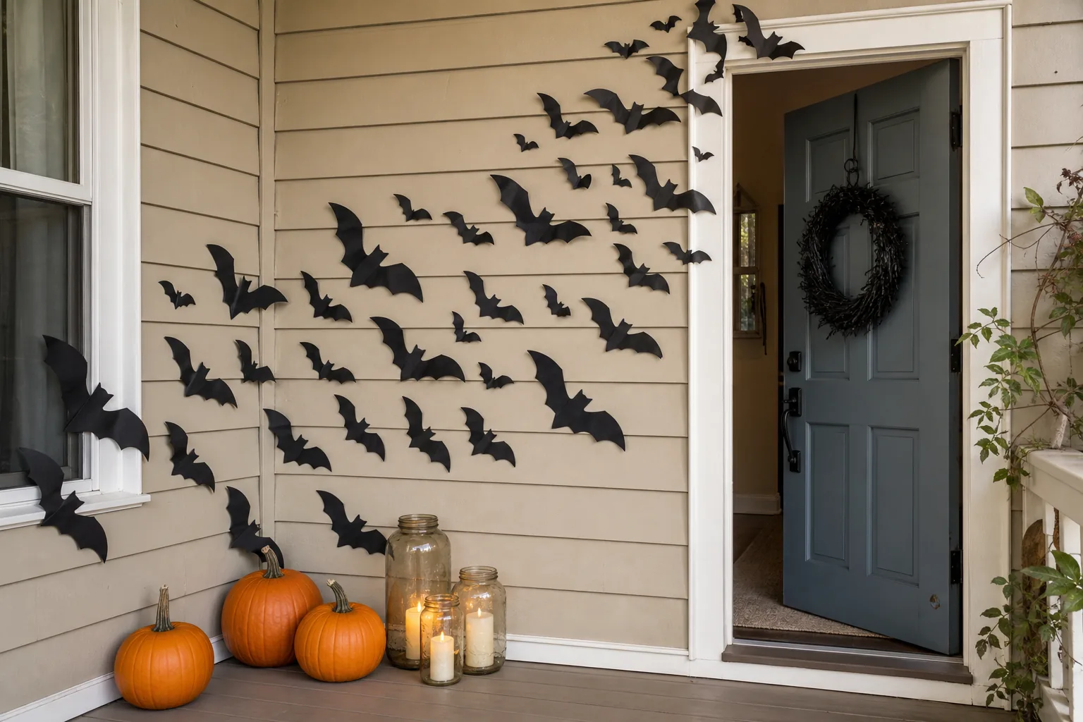 23 Halloween Porch Ideas for 2026 That Look Spooky, Stylish and Expensive 15 Budget Halloween porch decorated with a dramatic handmade black paper bat swarm