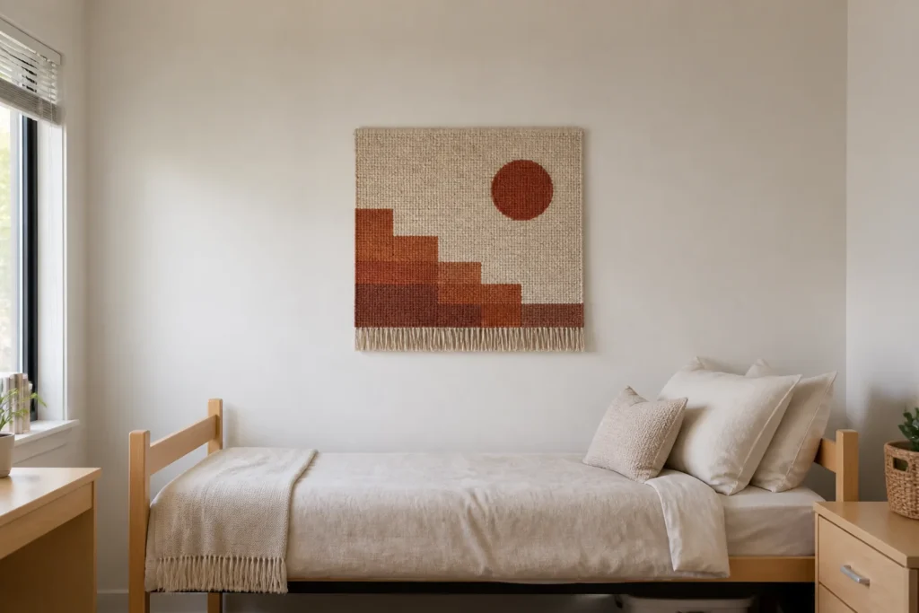 Small woven textile panel displayed above a dorm bed with safe clearances