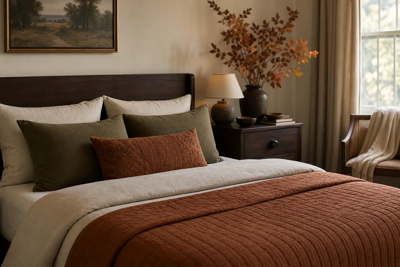 Serene bedroom with an oatmeal duvet and cinnamon quilted fall coverlet