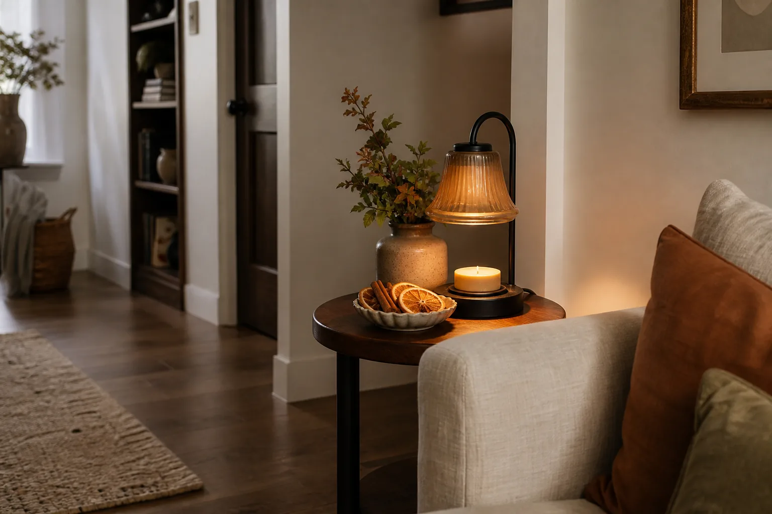 Small side table with an amber candle warmer lamp, dried orange slices and cinnamon