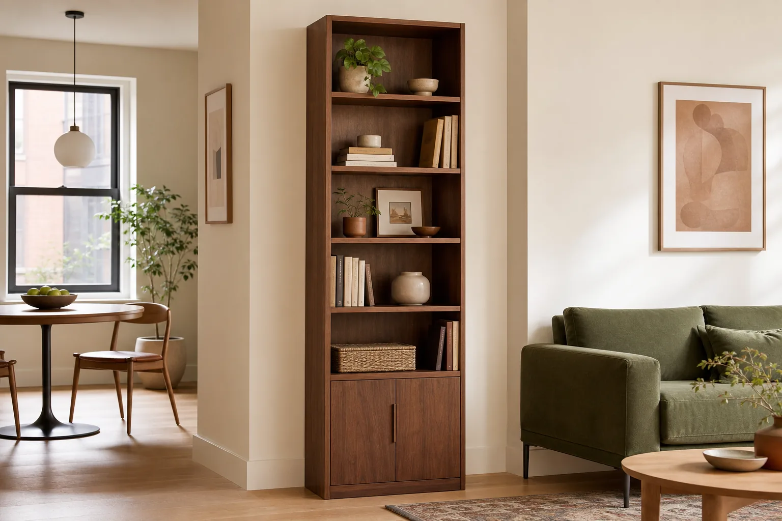 Tall narrow wood bookcase using vertical space in a small apartment