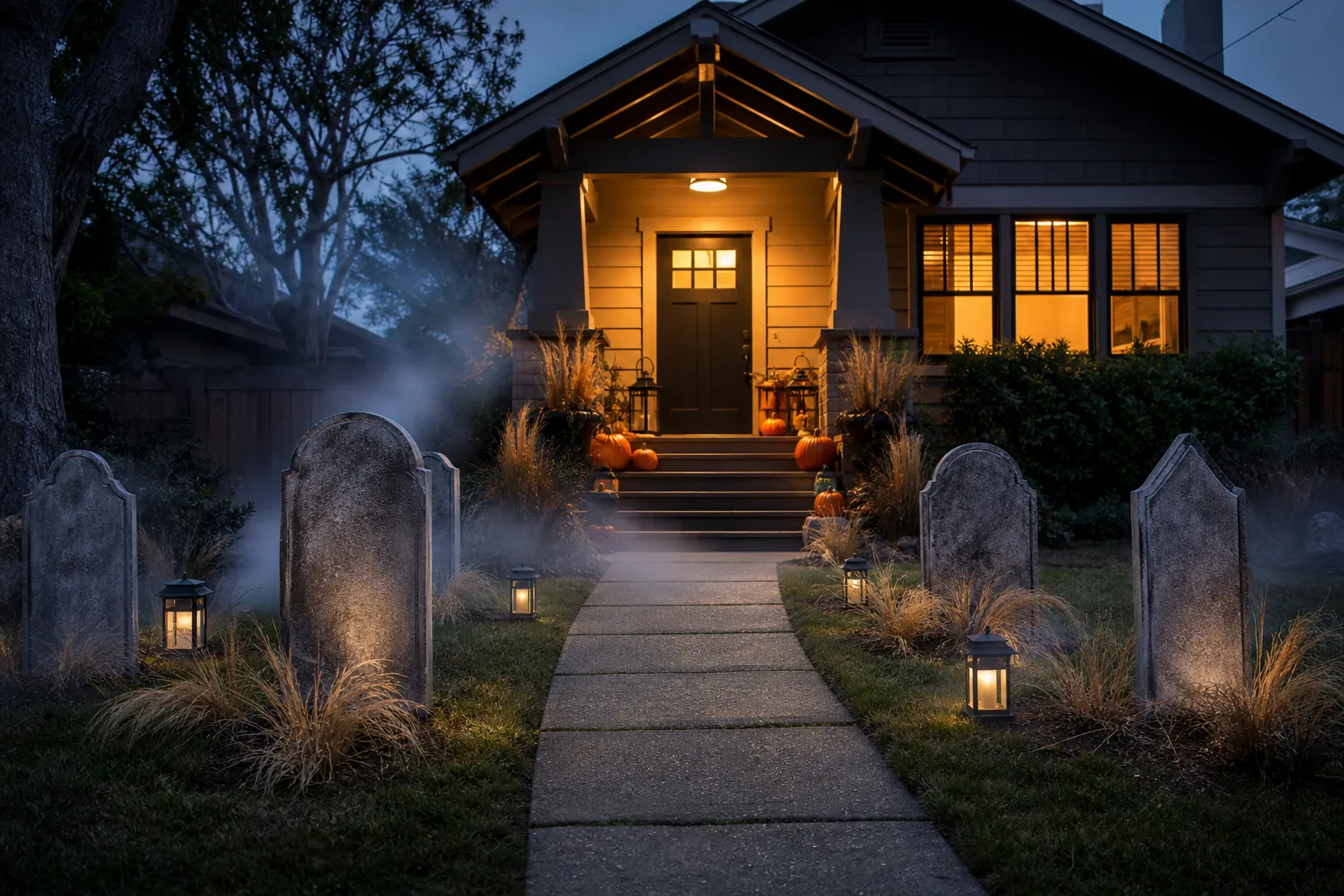 23 Halloween Porch Ideas for 2026 That Look Spooky, Stylish and Expensive 16 Tasteful DIY Halloween graveyard with faux tombstones placed beside a clear lantern-lit walkway