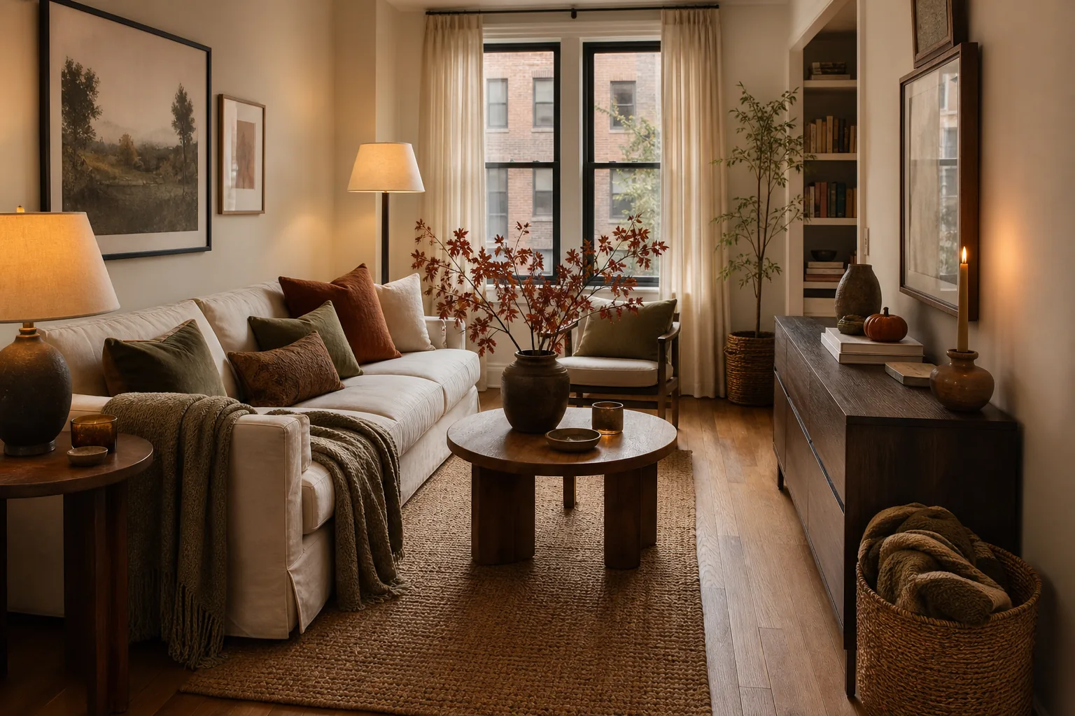 Finished clutter-free small fall living room with clear pathways and intentional seasonal accents