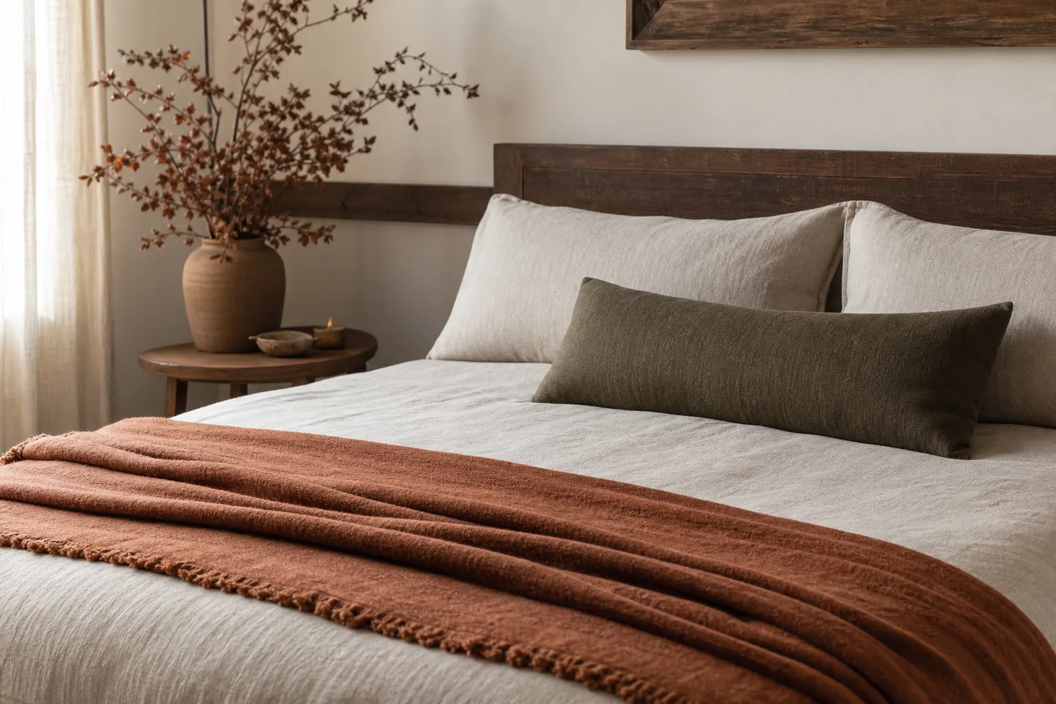 Textured rust throw layered neatly at the foot of a neutral bed
