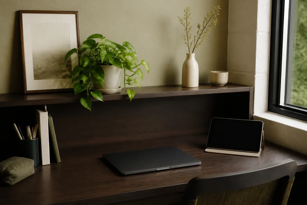 Small dorm desk styled with one pothos plant and a realistic faux branch