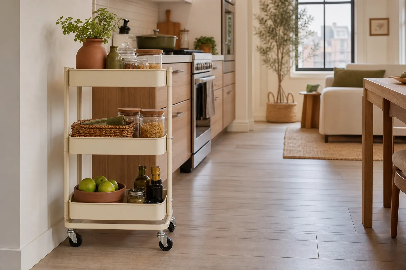 Slim rolling cart used as flexible storage in a compact apartment