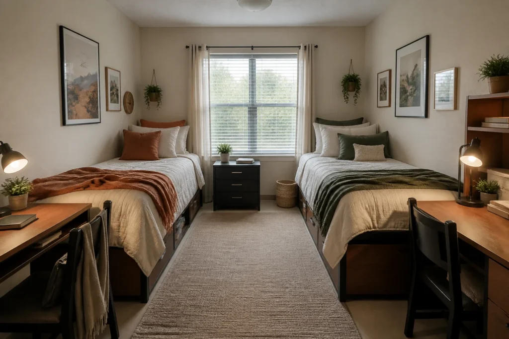 Shared dorm room with coordinated cream bedding and distinct rust and olive accent colors