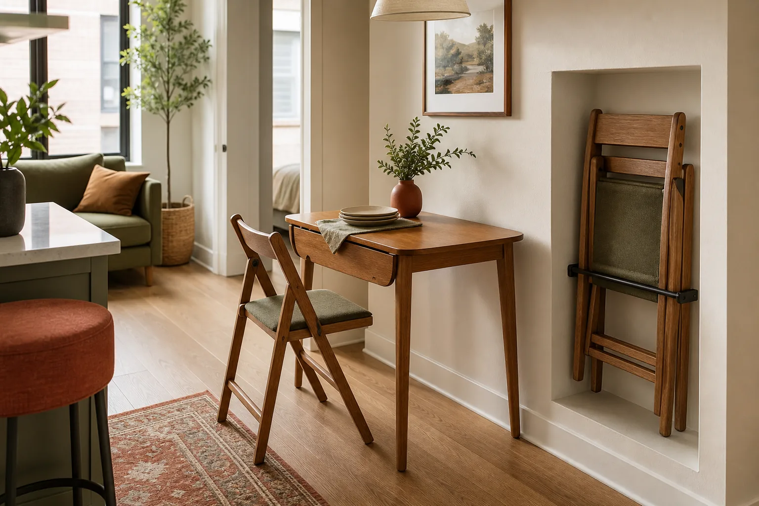Stylish folding wood chairs stored neatly beside a small dining area