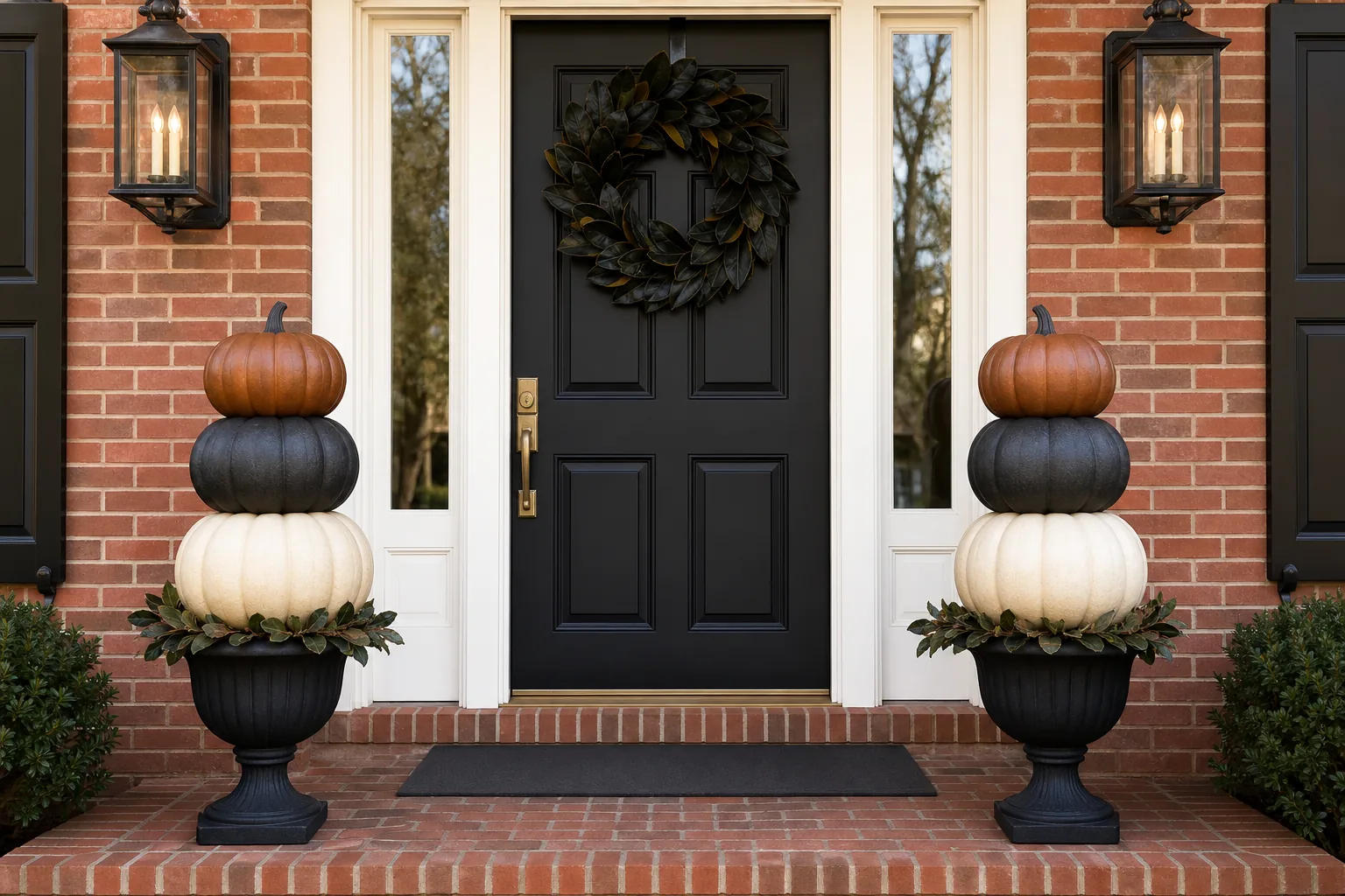 23 Halloween Porch Ideas for 2026 That Look Spooky, Stylish and Expensive 17 Symmetrical Halloween porch with cream, charcoal and copper stacked pumpkin topiaries