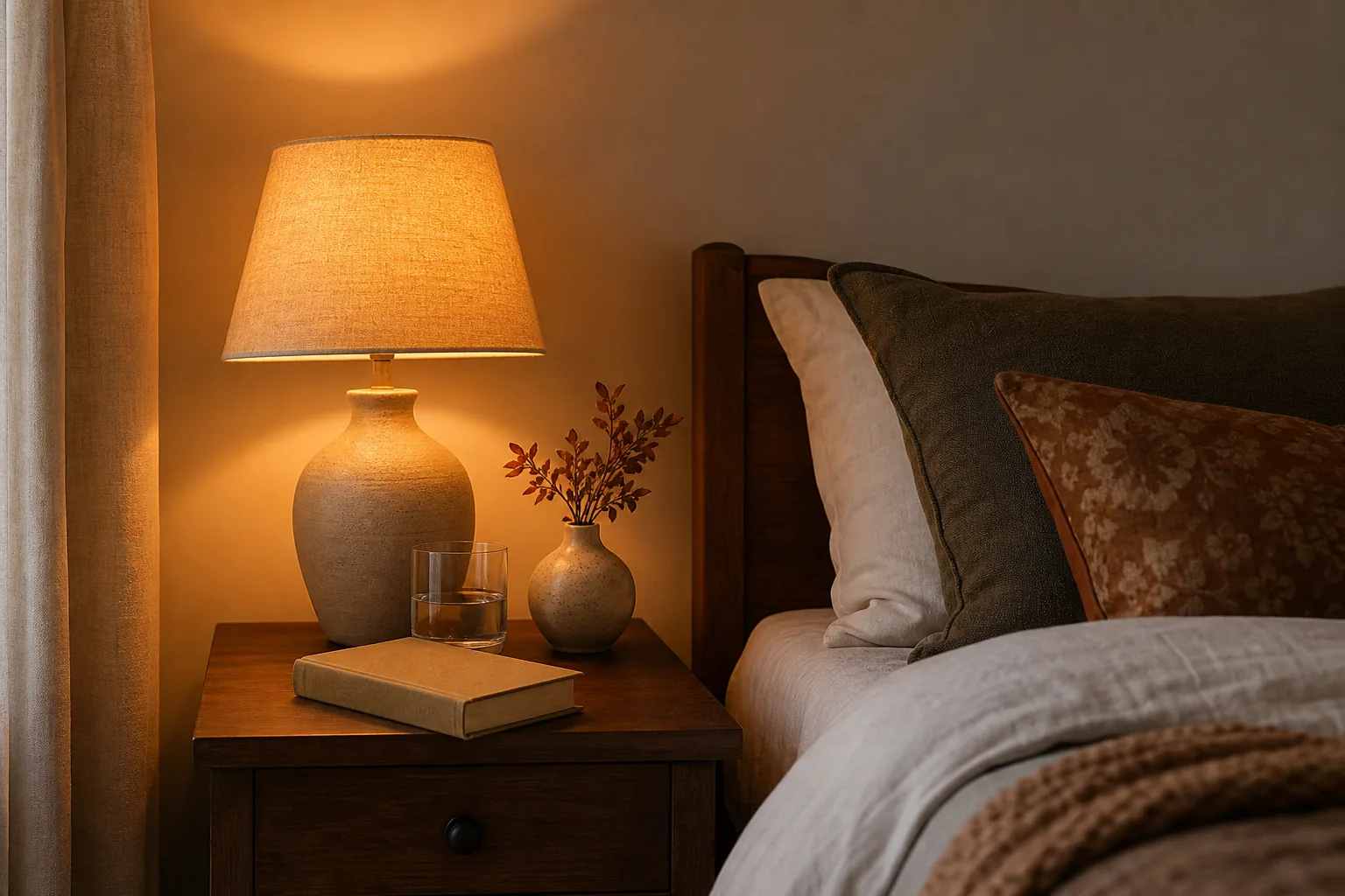 Warm bedside lamp glowing beside a book and a small ceramic vase