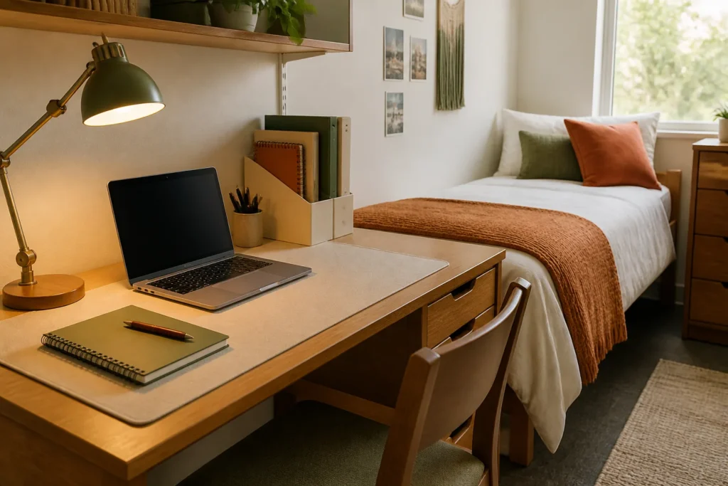 Calm dorm study corner with a small desk mat, focused lamp, and minimal wall organizer