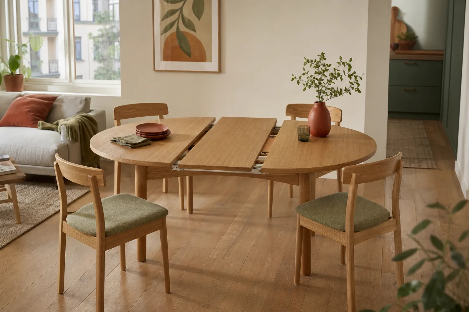 Round expandable dining table in a stylish compact apartment