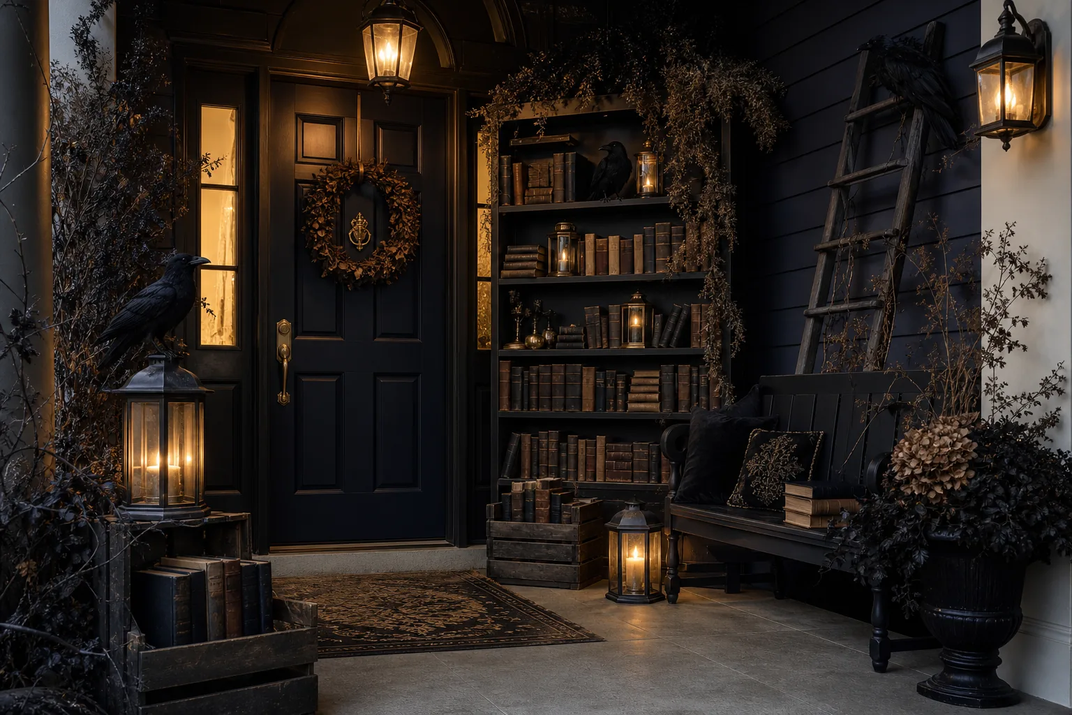 23 Halloween Porch Ideas for 2026 That Look Spooky, Stylish and Expensive 18 Haunted library Halloween porch with dark books, ravens, antique lanterns and moody foliage