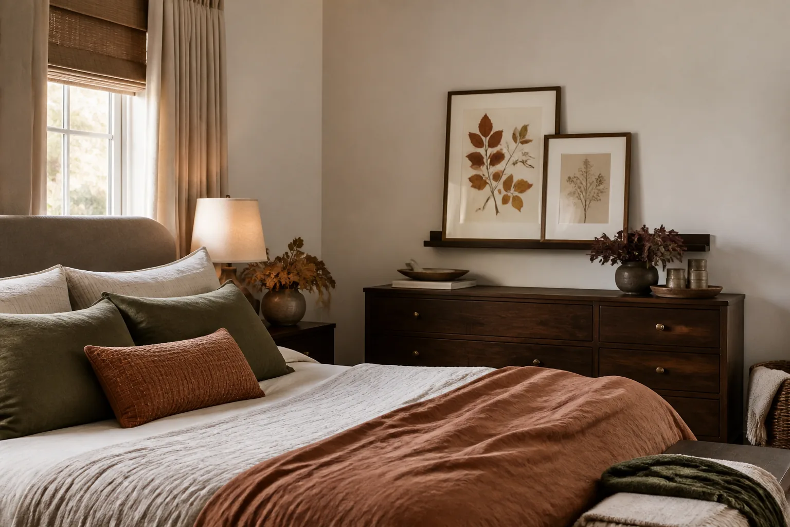 Renter-friendly framed botanical fall prints resting on a bedroom picture ledge
