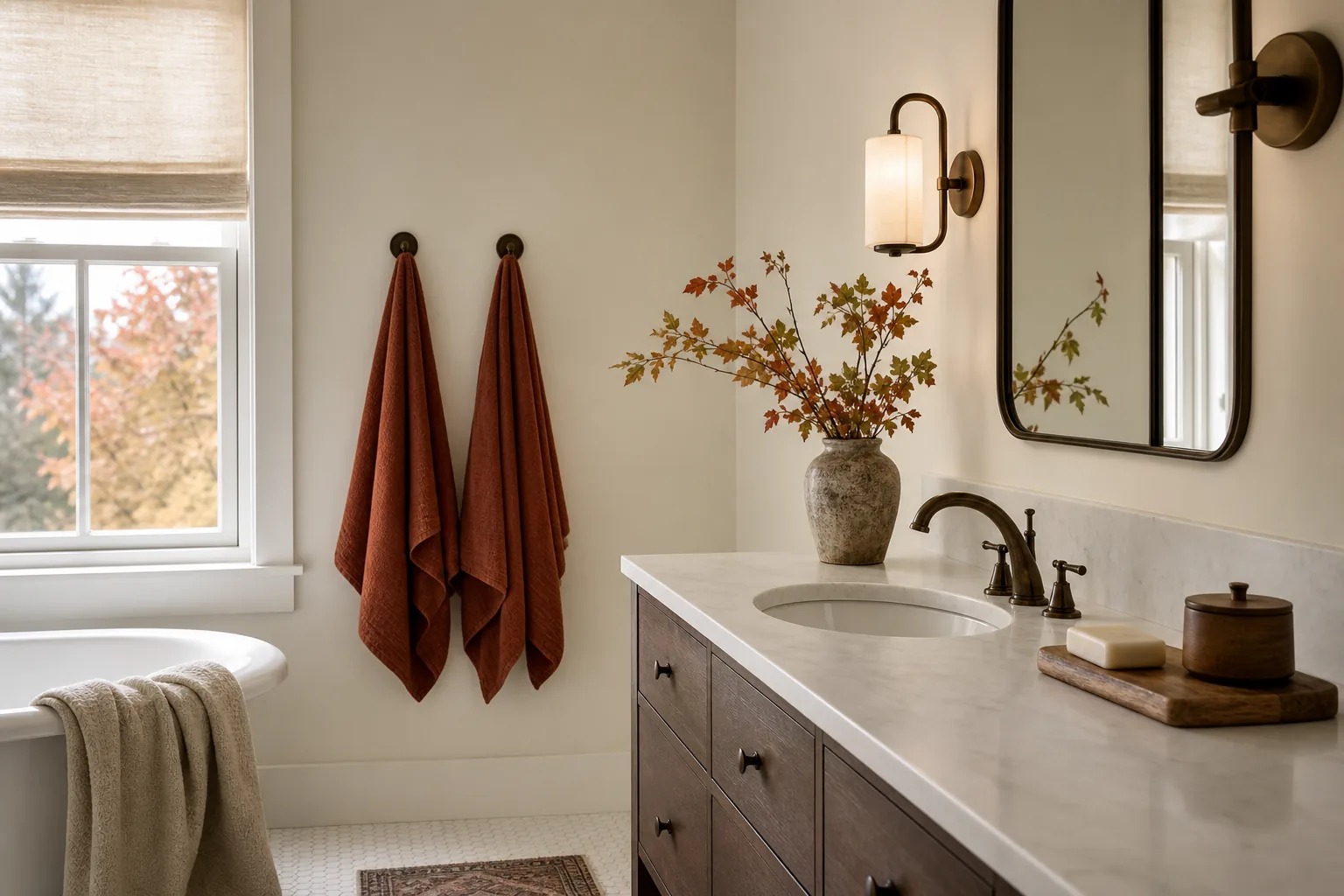 Bright bathroom with rust hand towels and a simple wooden vanity tray