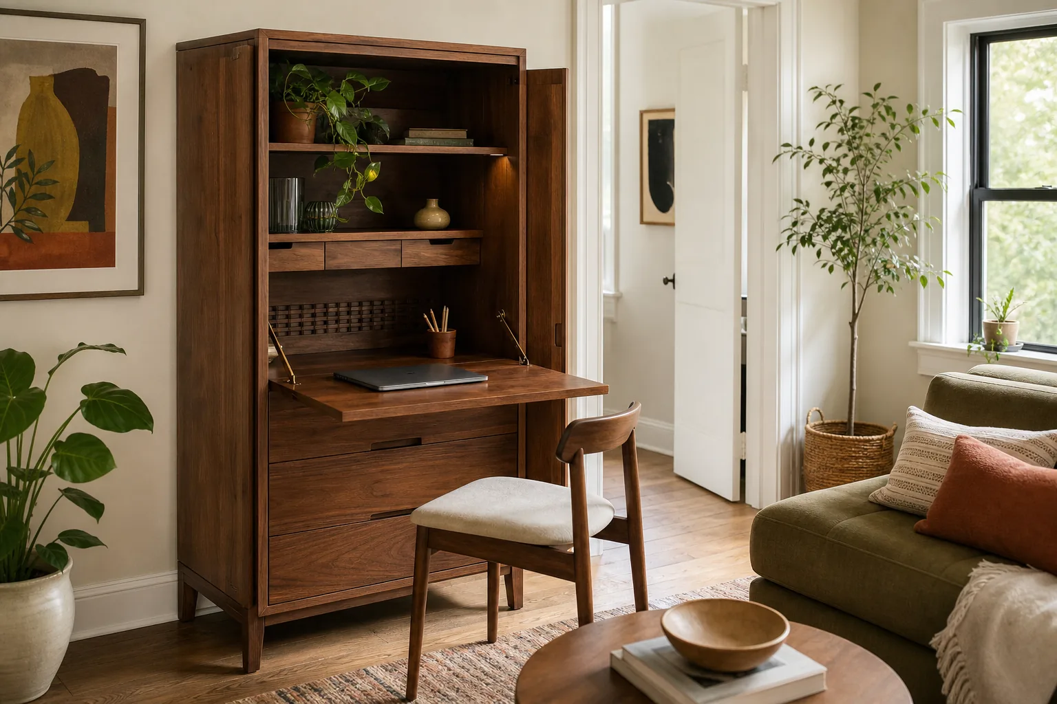 Compact home office concealed inside a warm wood cabinet