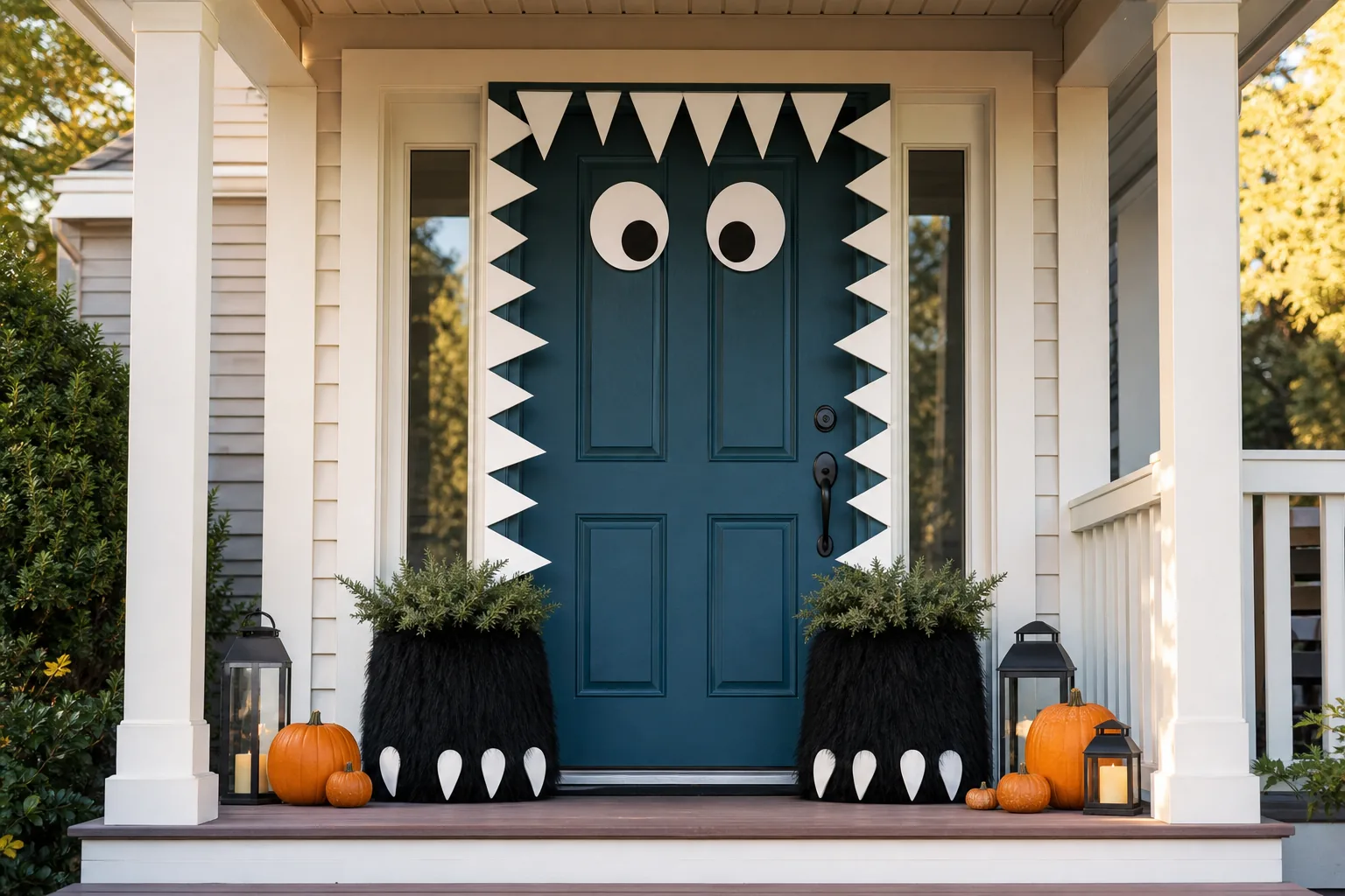 23 Halloween Porch Ideas for 2026 That Look Spooky, Stylish and Expensive 19 Playful teal Halloween monster door with removable eyes, white teeth and furry black planters
