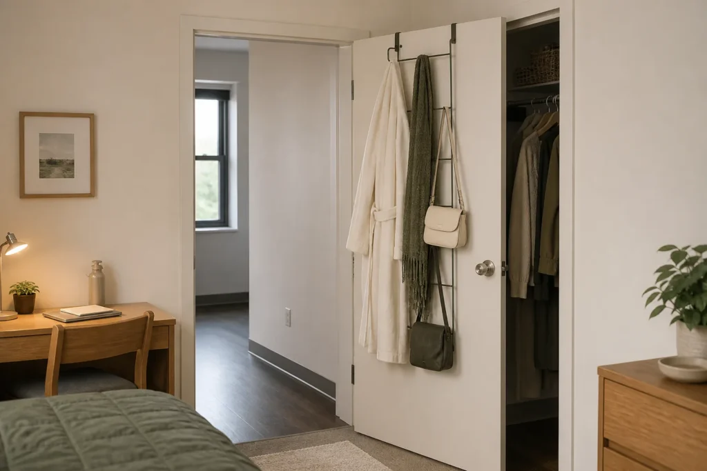 Slim over-door organizer holding lightweight dorm accessories without blocking the doorway