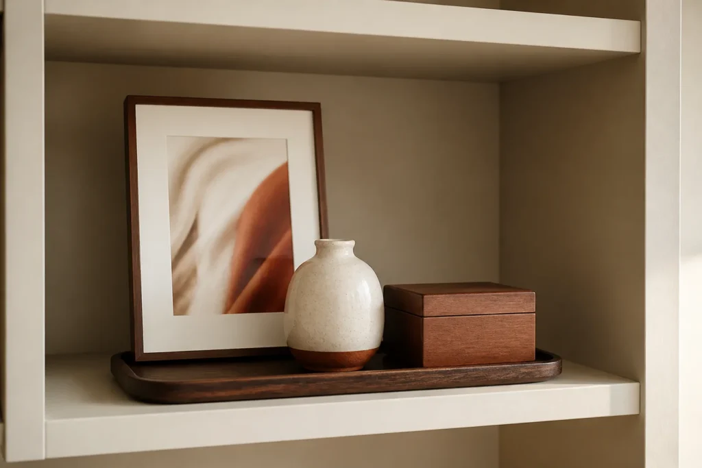 Curated dorm shelf with framed family photo, ceramic keepsake, and small memory box