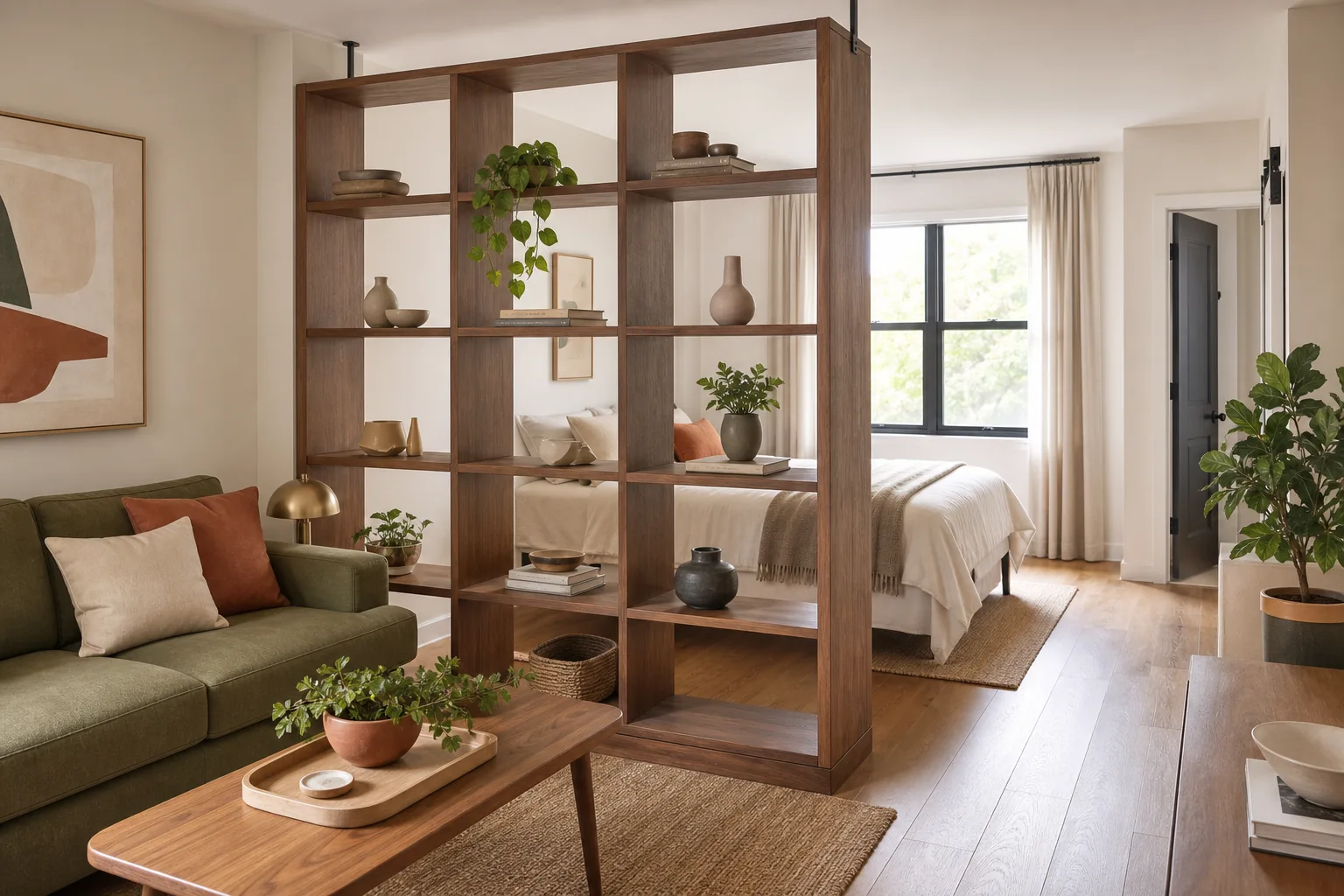 Open-back shelving unit dividing sleeping and living zones in a studio apartment