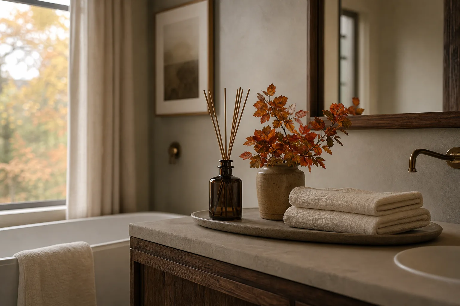 Reed diffuser on a stone tray with folded towels in a calm autumn bathroom
