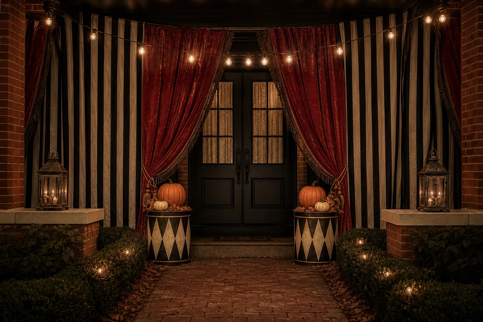 23 Halloween Porch Ideas for 2026 That Look Spooky, Stylish and Expensive 20 Sophisticated spooky carnival porch with striped panels, red curtains and warm vintage-style lights