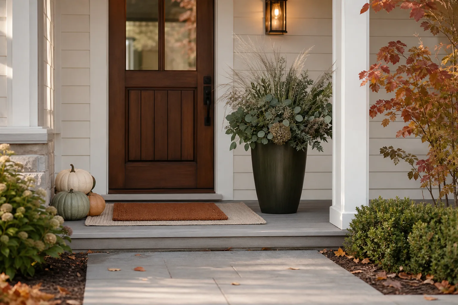 Stylish fall porch with a layered doormat, tall grasses and a few heirloom pumpkins