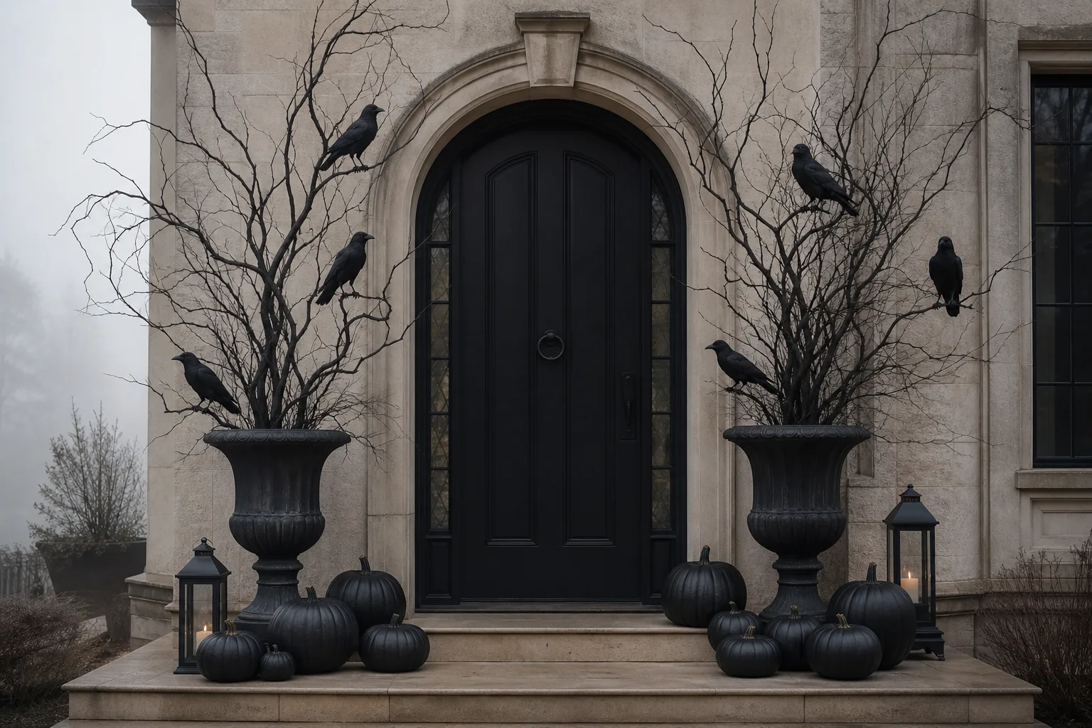 23 Halloween Porch Ideas for 2026 That Look Spooky, Stylish and Expensive 21 Elegant Halloween entrance with black ravens perched on bare branches in tall urns