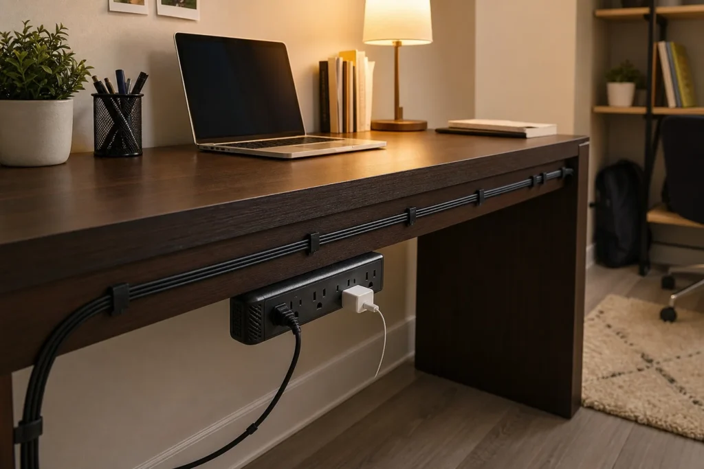 Neatly managed dorm desk cords secured along the back edge with removable clips