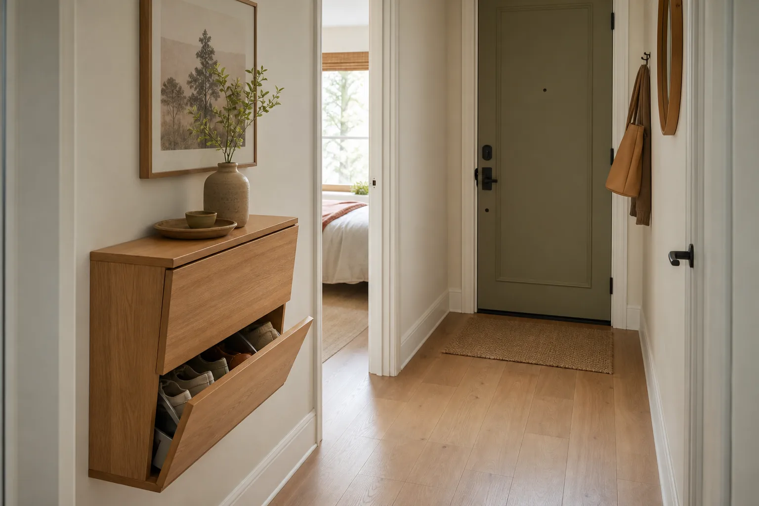 Shallow wood shoe cabinet doubling as a console in a narrow entryway
