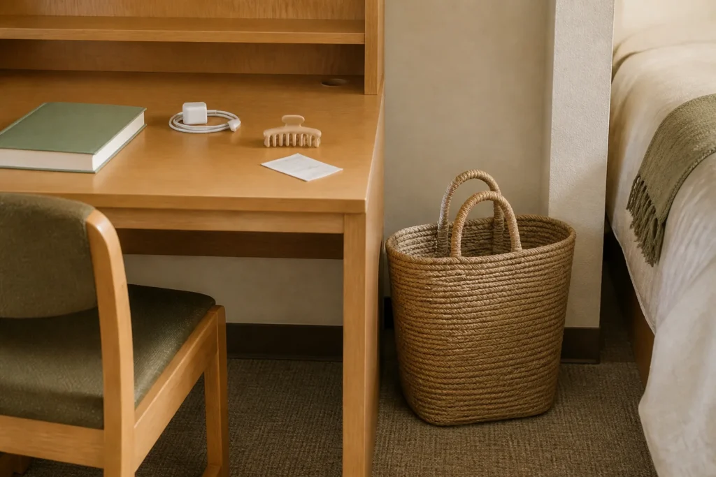 Attractive woven reset basket in a tidy dorm room holding items ready to be put away