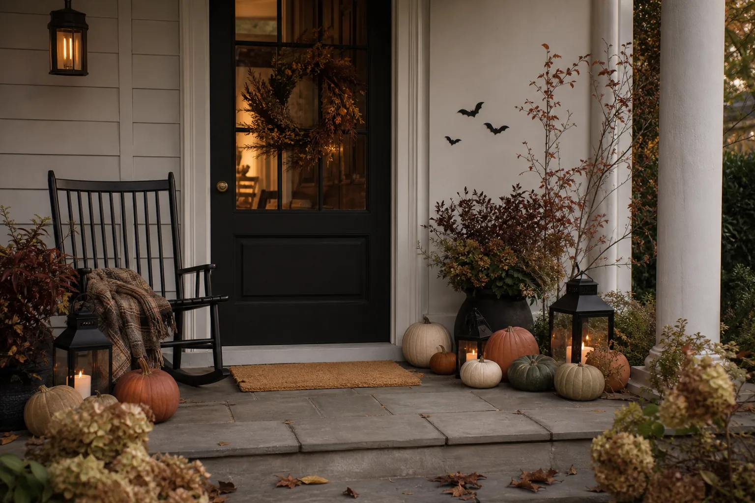 Elegant autumn porch transitioning to Halloween with black lanterns and subtle bats