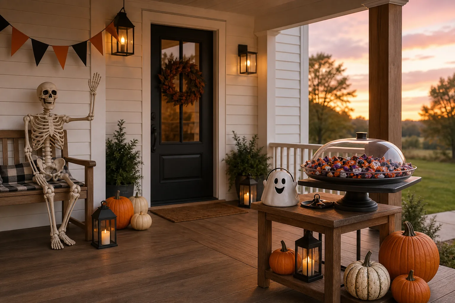 23 Halloween Porch Ideas for 2026 That Look Spooky, Stylish and Expensive 22 Family-friendly Halloween porch with a covered candy station, pumpkins, lanterns and waving skeleton