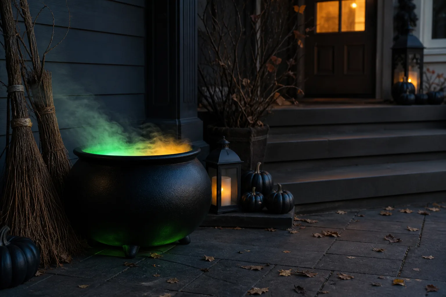 23 Halloween Porch Ideas for 2026 That Look Spooky, Stylish and Expensive 23 Matte black Halloween cauldron glowing green and amber beside a dark porch at blue hour