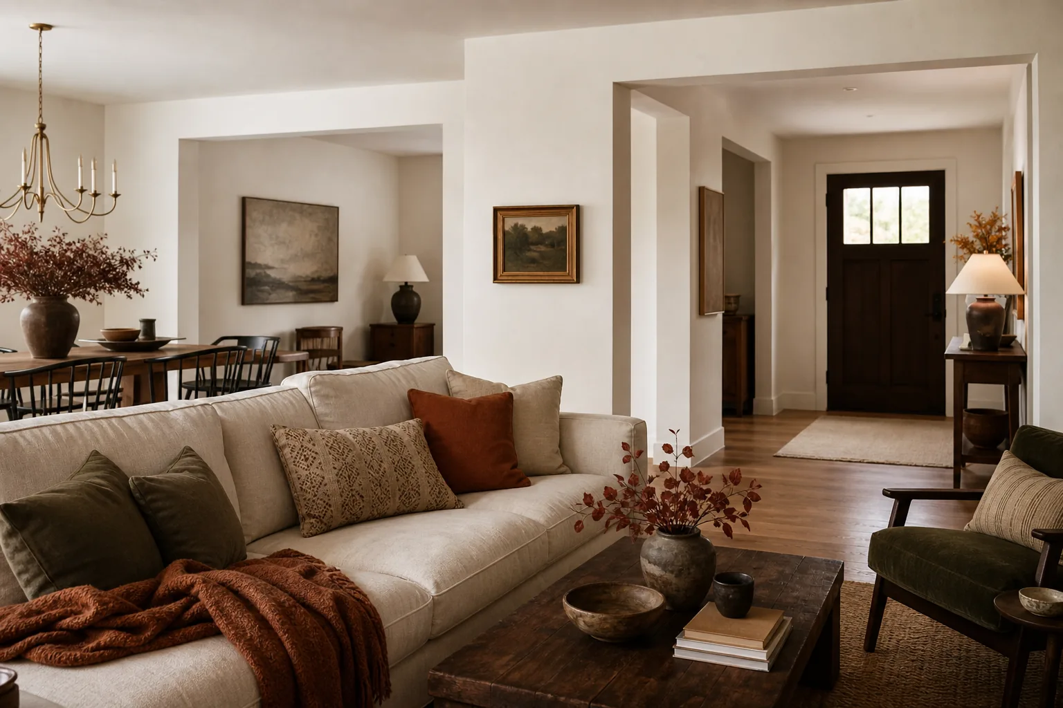 Coherent open-plan home with restrained cream, rust and olive fall decor