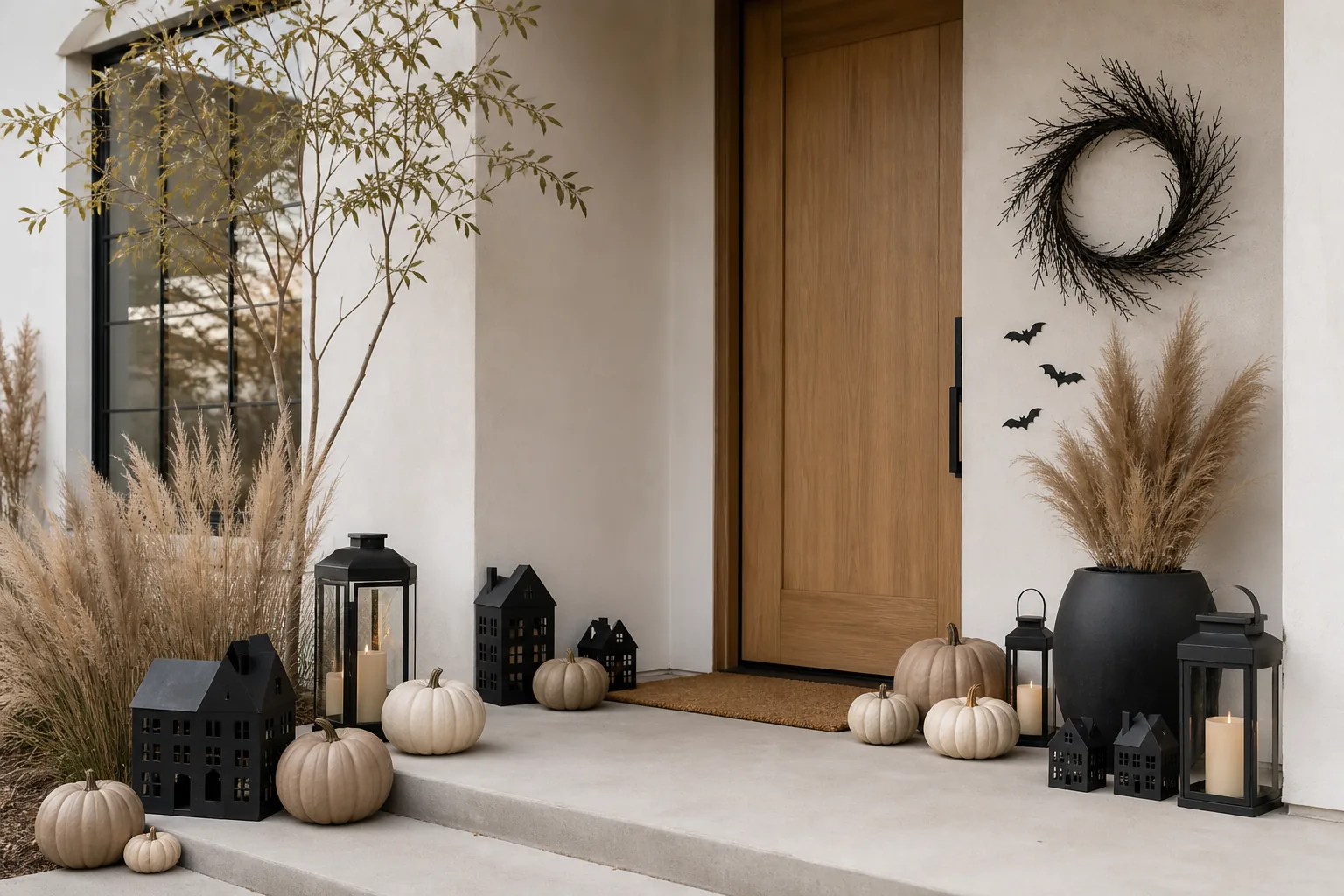 23 Halloween Porch Ideas for 2026 That Look Spooky, Stylish and Expensive 24 Modern neutral Halloween porch with taupe pumpkins, black lanterns, dried grasses and oak door