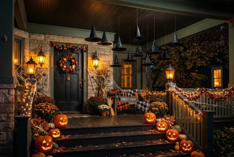 Floating black witch hats hanging from porch ceiling with glowing amber lights